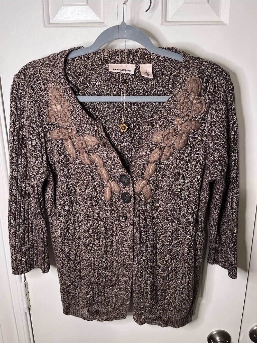 Dkny Women's Brownish Green Marled Knit Cardigan with Floral Detail